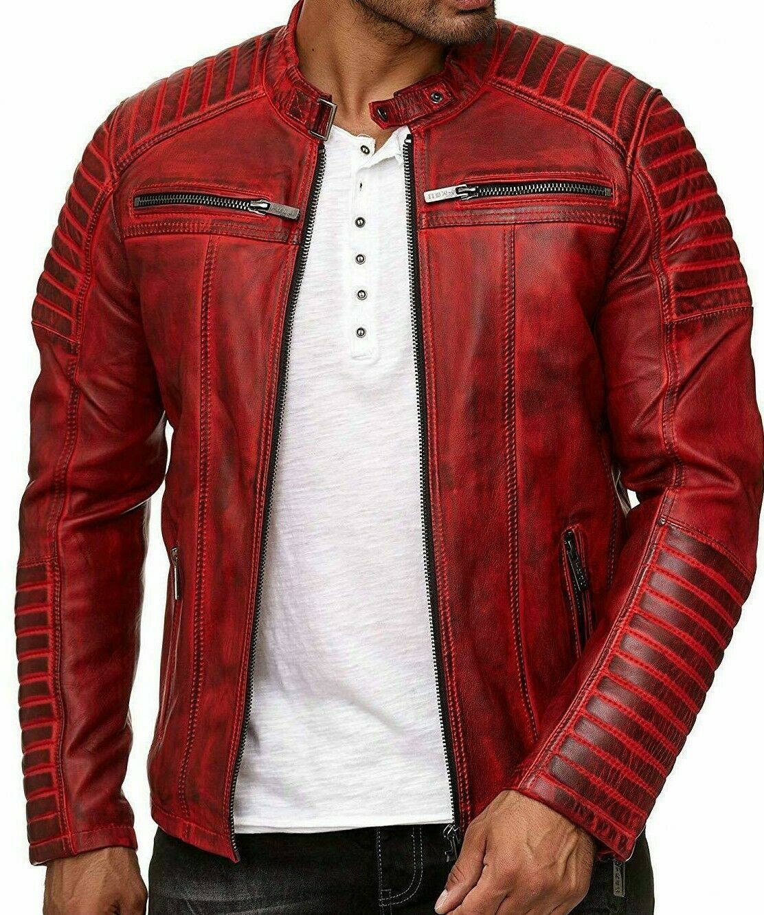 Bloody Red Color Men's Biker Leather Jacket Leathers Crafted