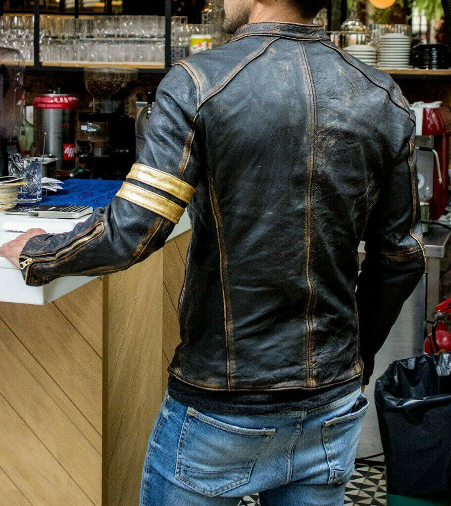Men's Vintage Distressed Leather Jacket – Classic Brown Biker with Gold Accents Leathers Crafted