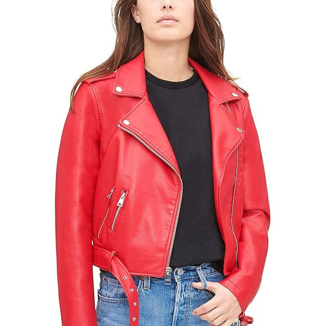 Belted Rider Red Jacket for Women Leathers Crafted