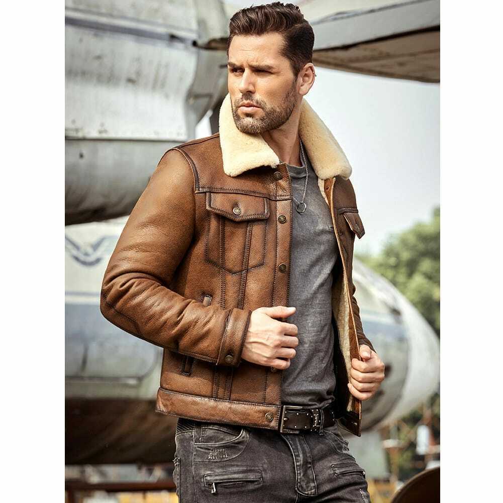 MEN' s Brown Faux Leather Aviator Jacket with Fur Collar Leathers Crafted