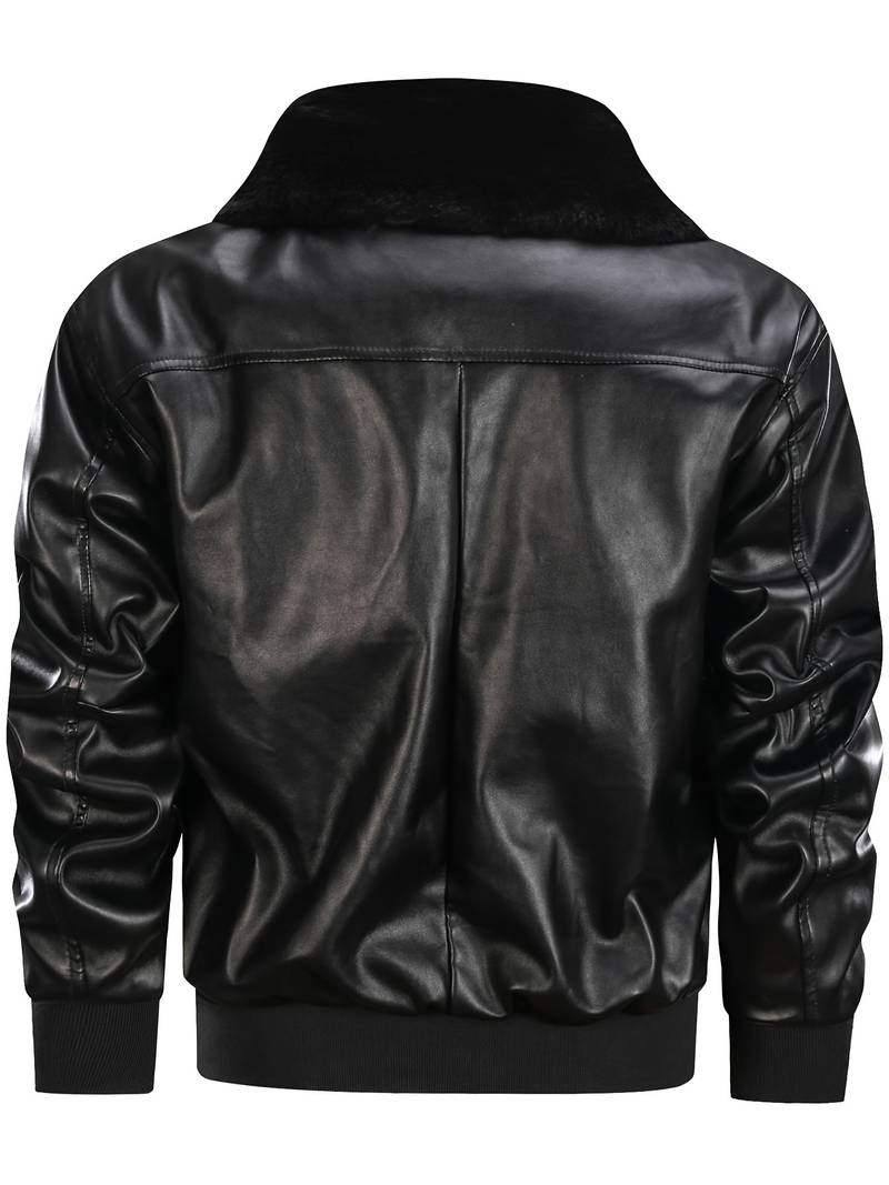 Men's Black Faux Leather Aviator Jacket with Fur Collar Leathers Crafted