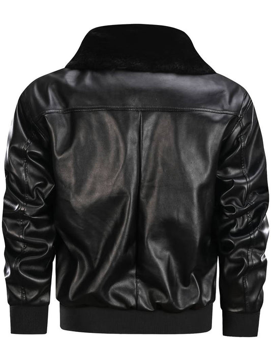 Men's Black Faux Leather Aviator Jacket with Fur Collar Leathers Crafted