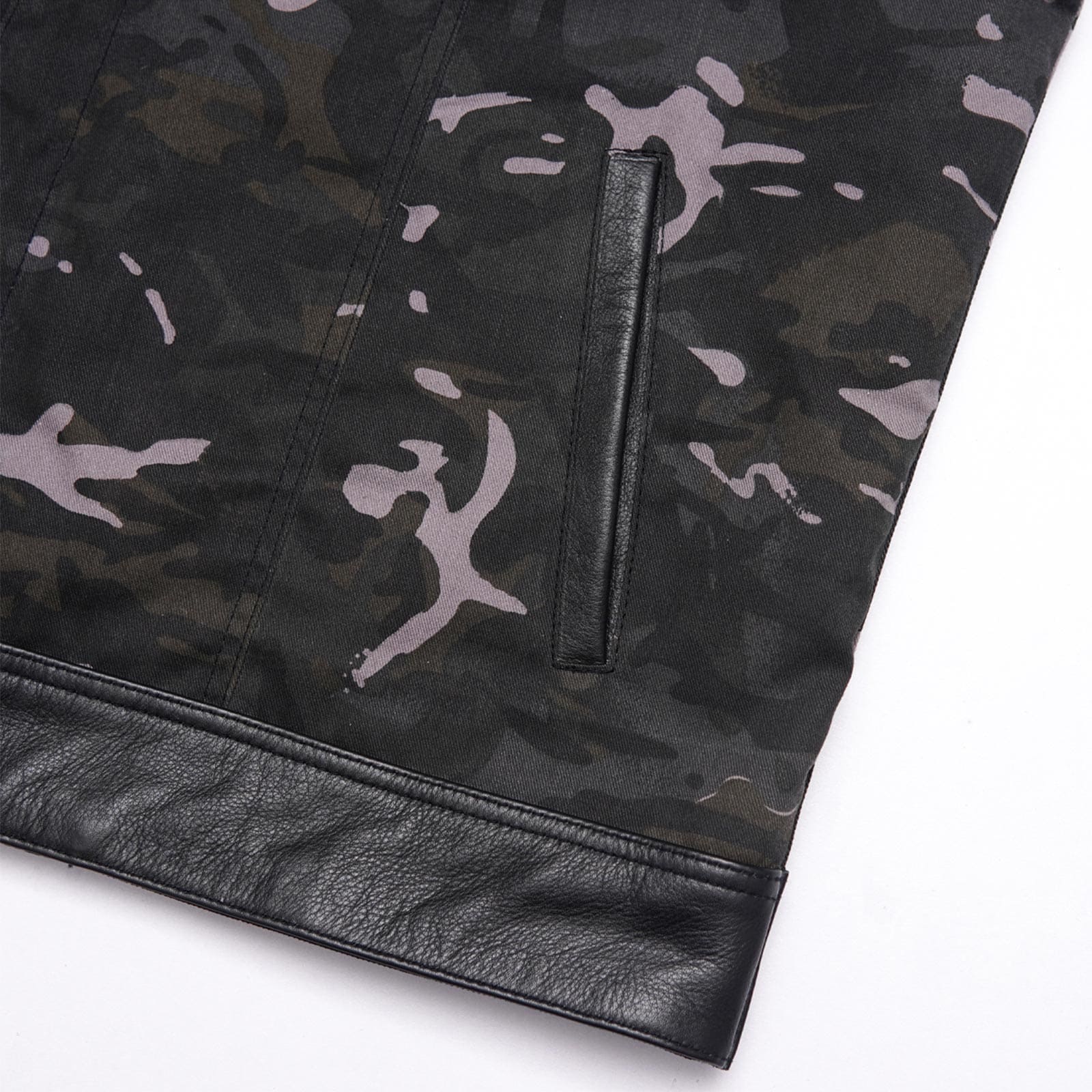 Ride in Style: Black Leather Biker Vest with Camo Flair Leathers Crafted