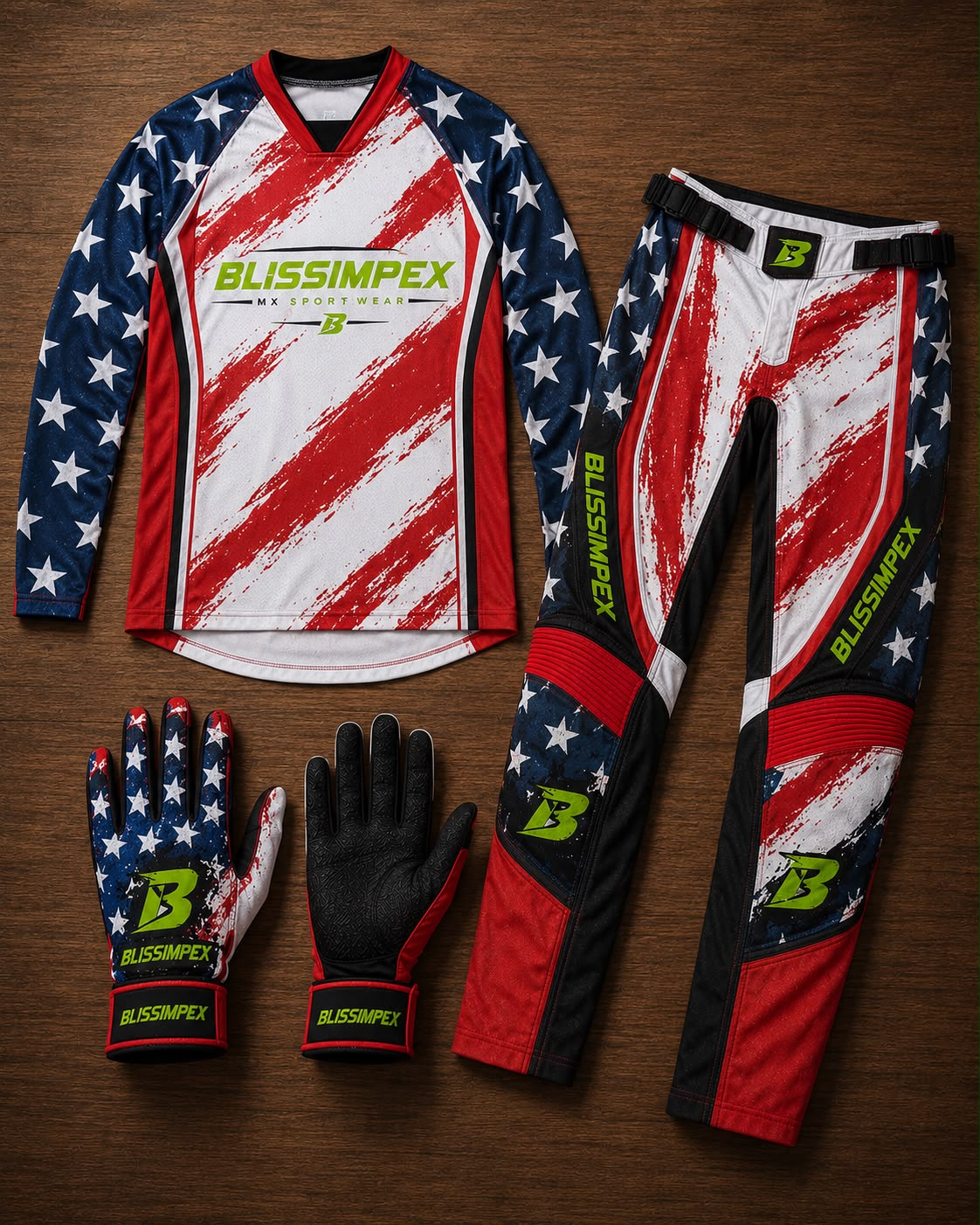Blissimpex USA Flag Motocross Gear Set | Premium MX Jersey, Racing Pants & Gloves | Off-Road Dirt Bike Riding Apparel