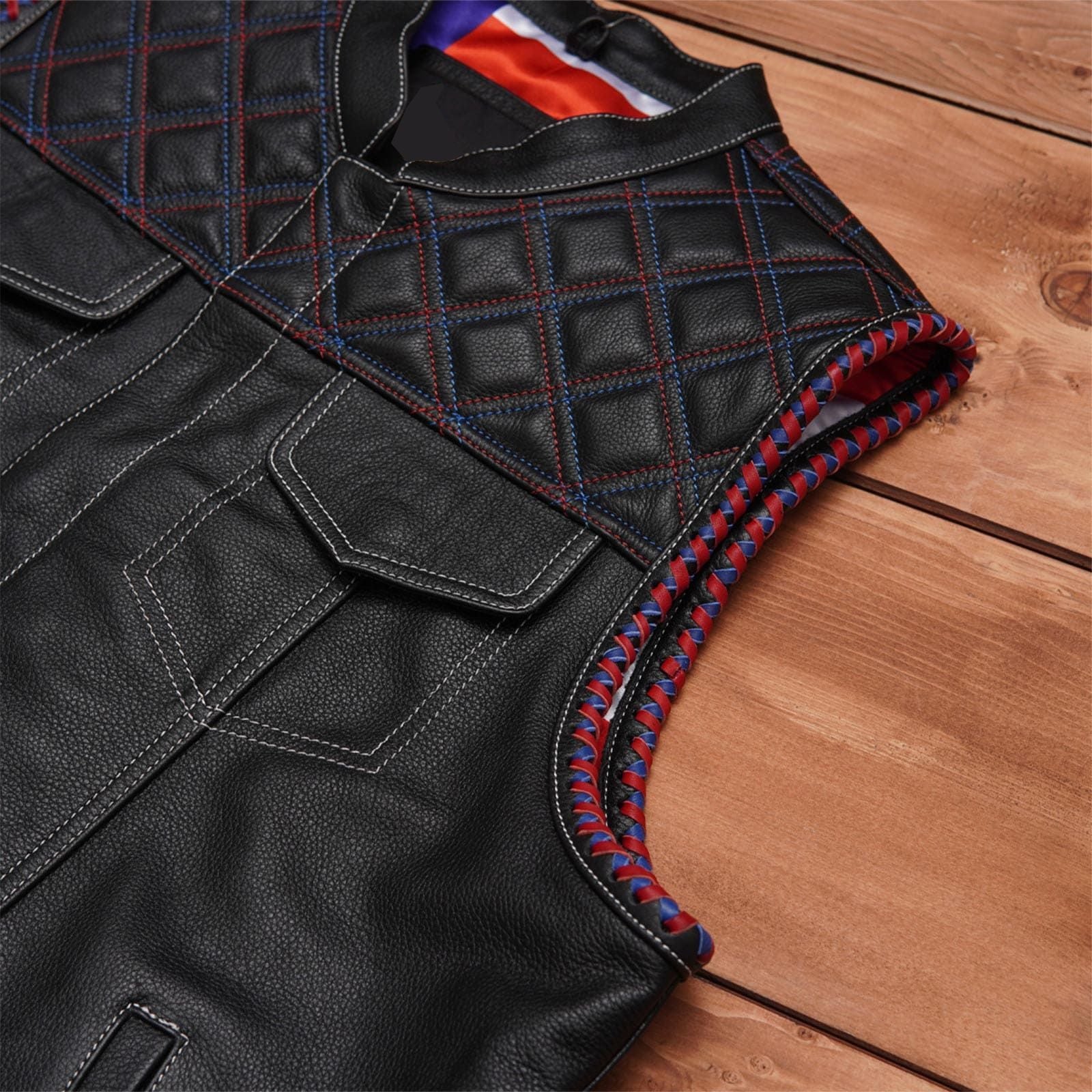 Double-Stitched Black Leather Vest Featuring Inner Flag Design Leathers Crafted