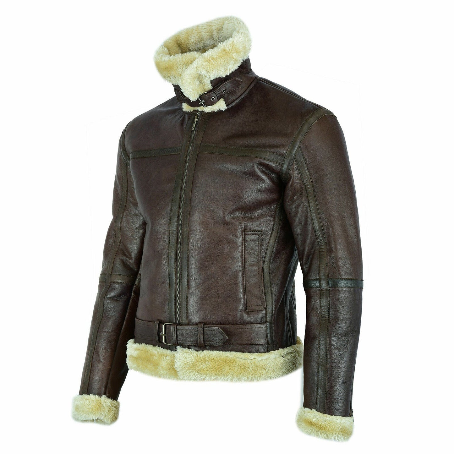 MEN' s Brown Faux Leather Aviator Jacket with Fur Collar Leathers Crafted