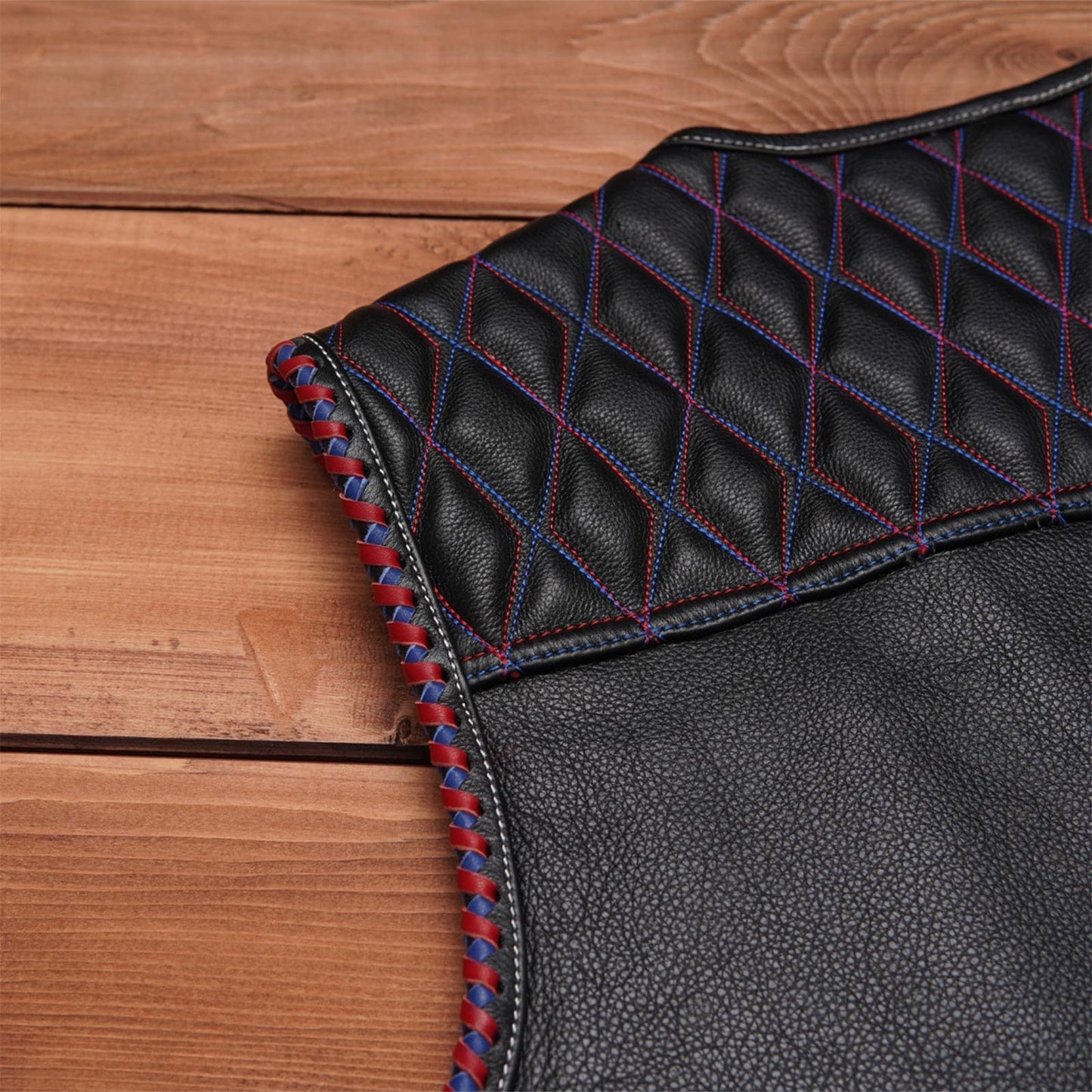 Stylish Diamond Quilted Black Leather Vest Featuring Double Stitching and Flag Liner Leathers Crafted
