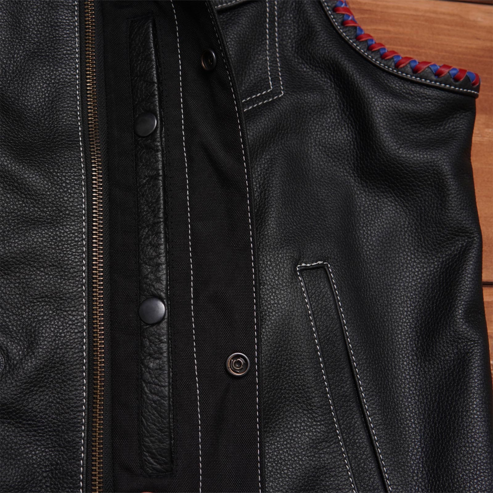 Double-Stitched Black Leather Vest Featuring Inner Flag Design Leathers Crafted