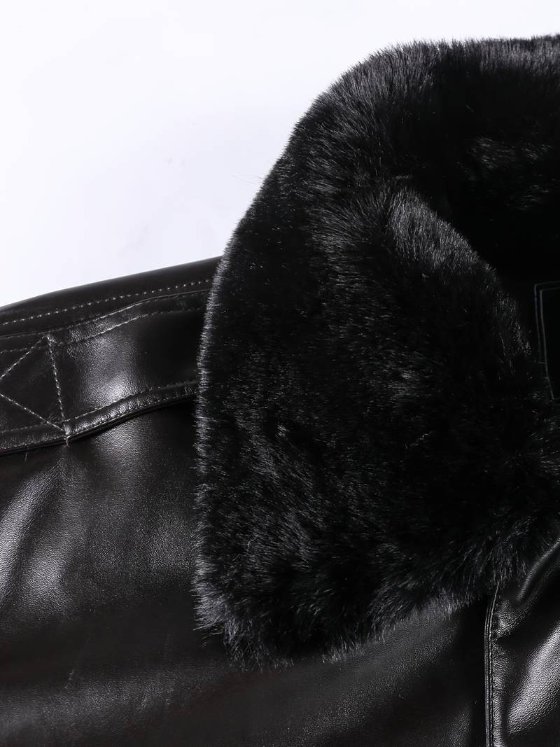 Men's Black Faux Leather Aviator Jacket with Fur Collar Leathers Crafted