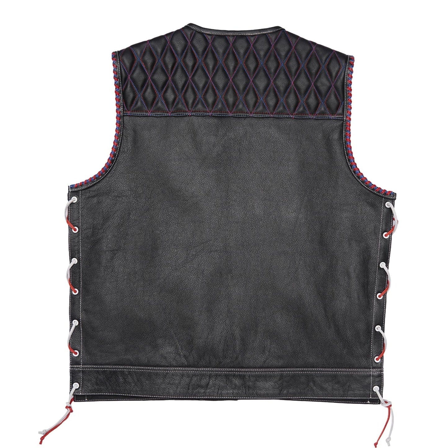 Stylish Diamond Quilted Black Leather Vest Featuring Double Stitching and Flag Liner Leathers Crafted