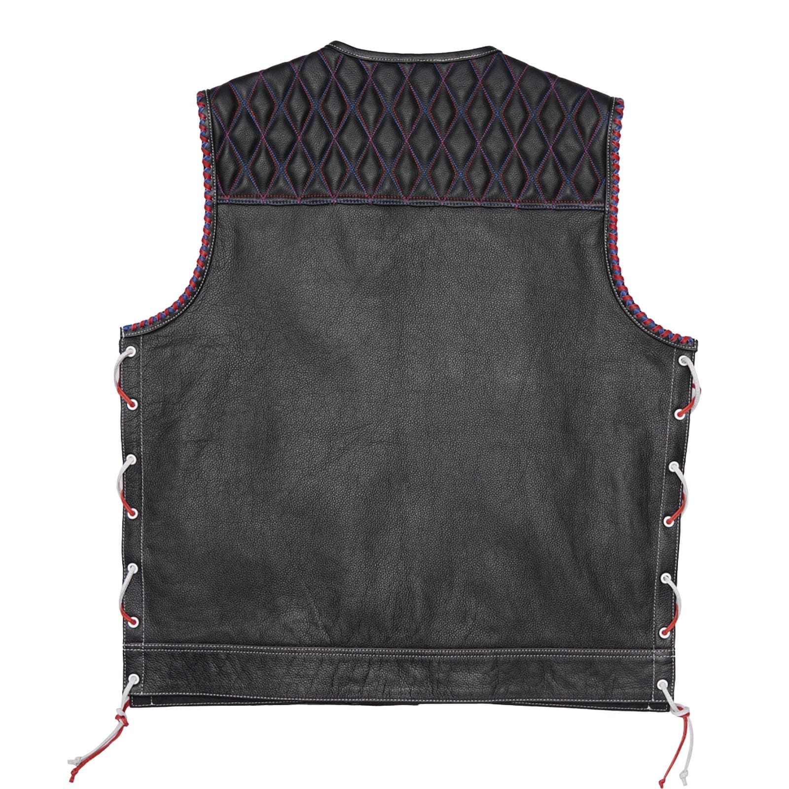 Stylish Diamond Quilted Black Leather Vest Featuring Double Stitching and Flag Liner Leathers Crafted