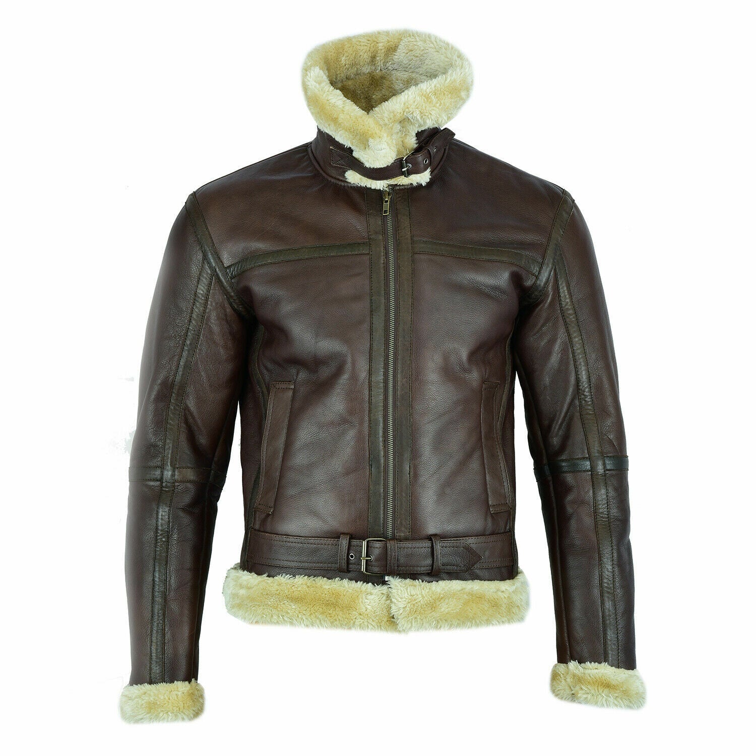MEN' s Brown Faux Leather Aviator Jacket with Fur Collar Leathers Crafted