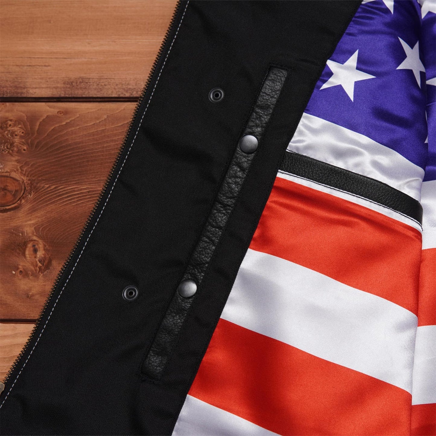 Double-Stitched Black Leather Vest Featuring Inner Flag Design Leathers Crafted