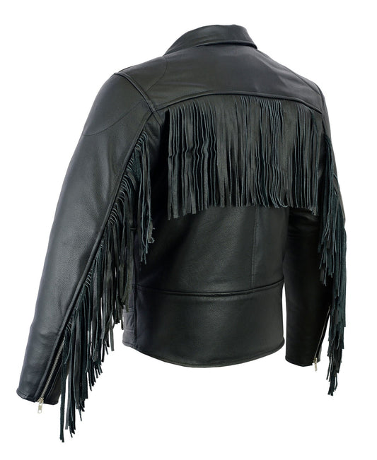 Classic Black Leather Biker Jacket with Fringe Accents Leathers Crafted