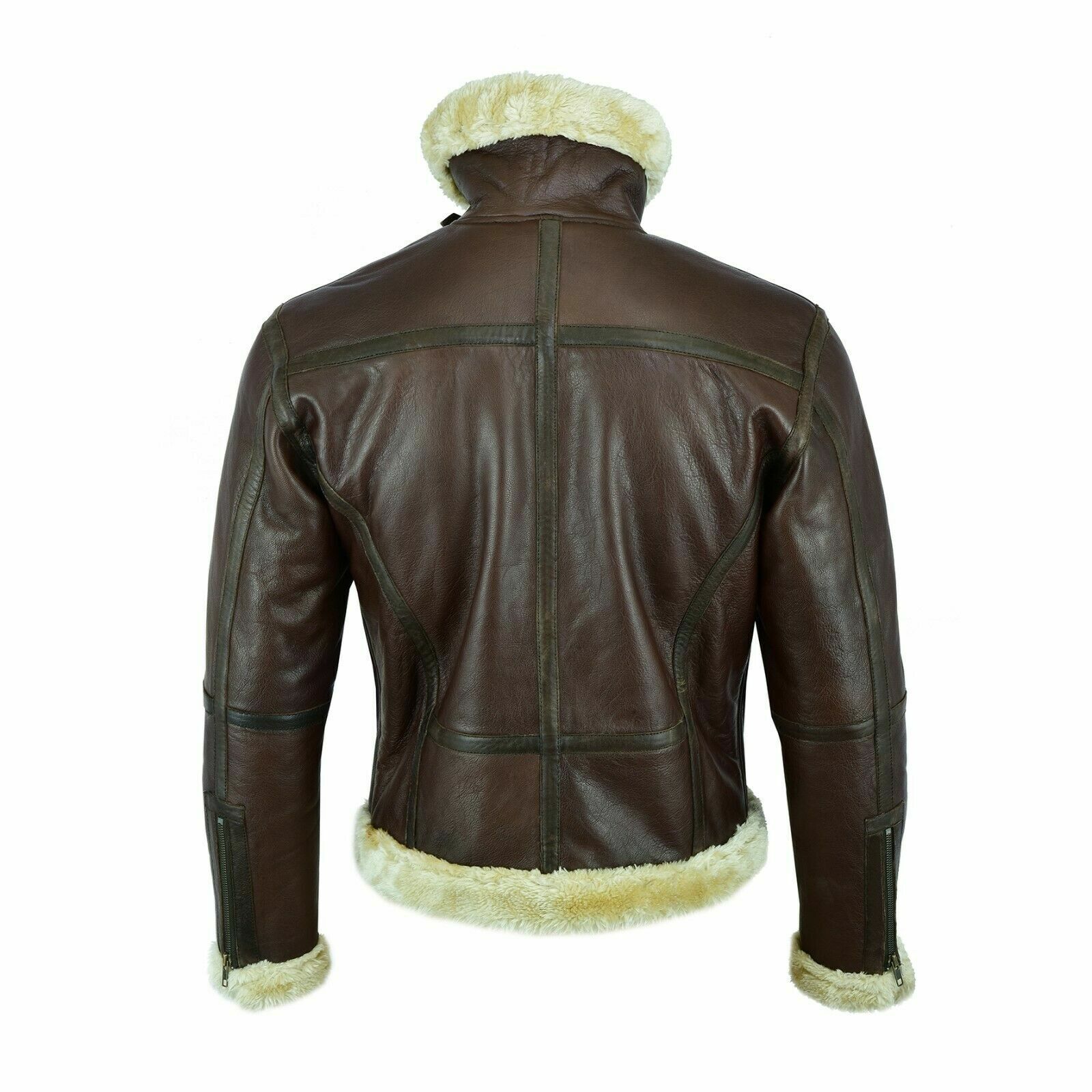 MEN' s Brown Faux Leather Aviator Jacket with Fur Collar Leathers Crafted
