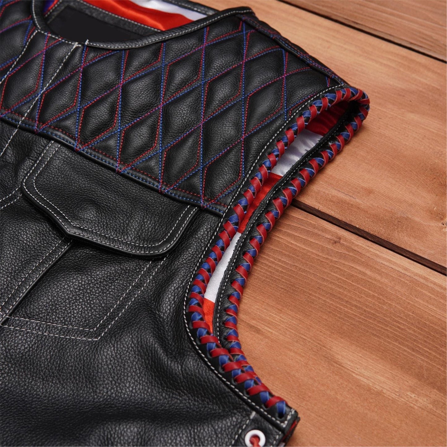 Stylish Diamond Quilted Black Leather Vest Featuring Double Stitching and Flag Liner Leathers Crafted