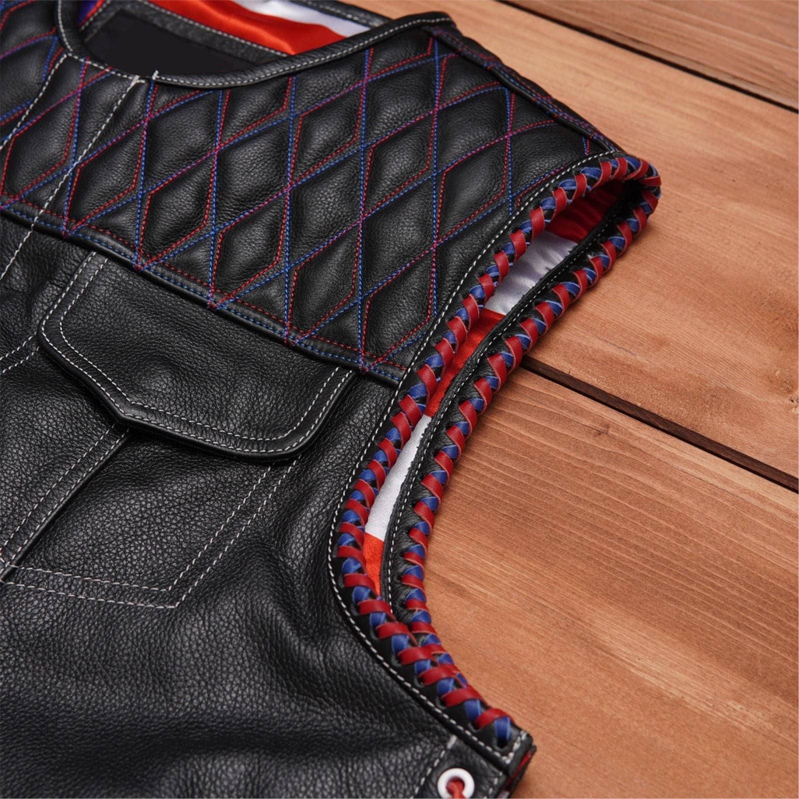 Stylish Diamond Quilted Black Leather Vest Featuring Double Stitching and Flag Liner Leathers Crafted