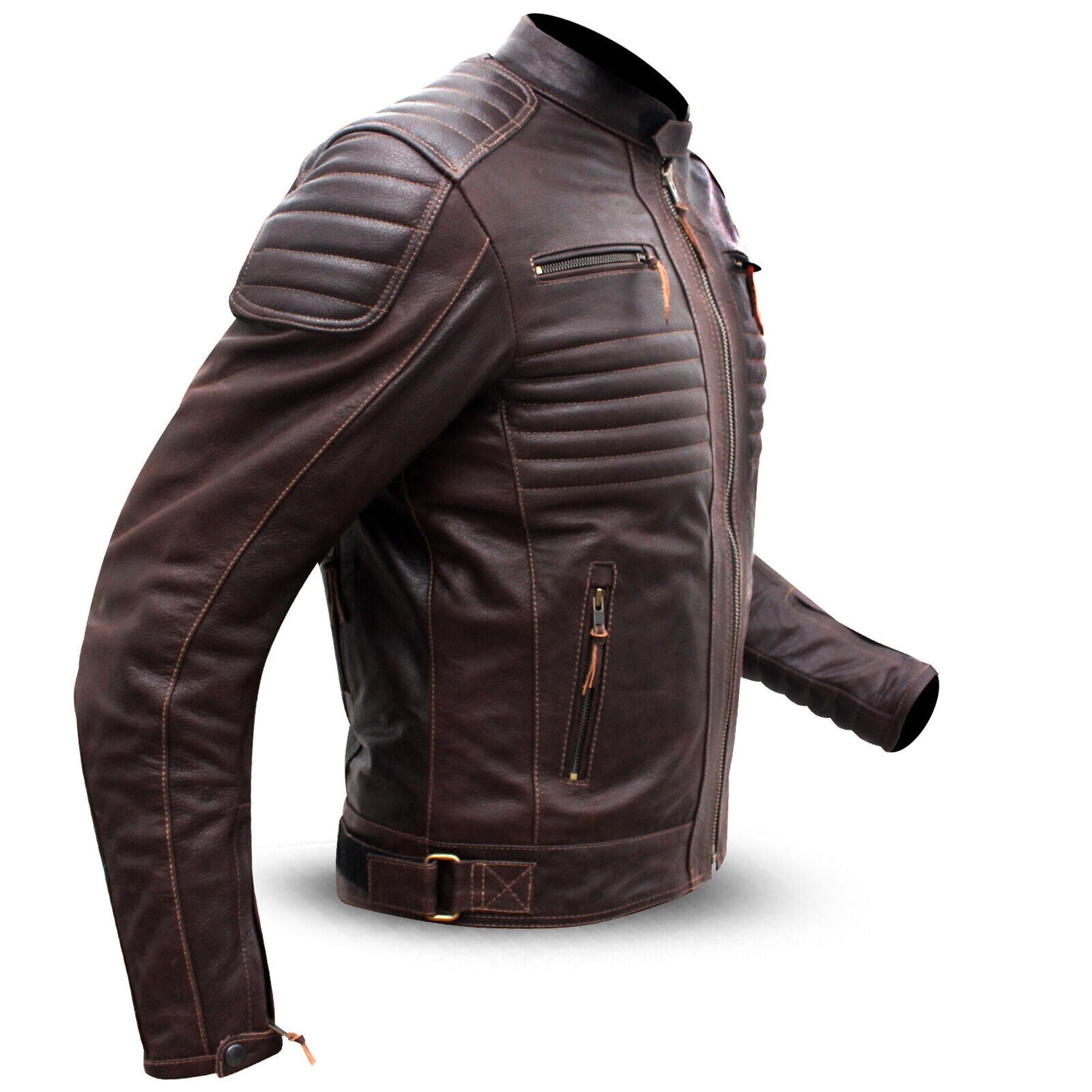 Men's Vintage Brown Leather Biker Jacket – Classic Moto Style with Quilted Detailing Leathers Crafted