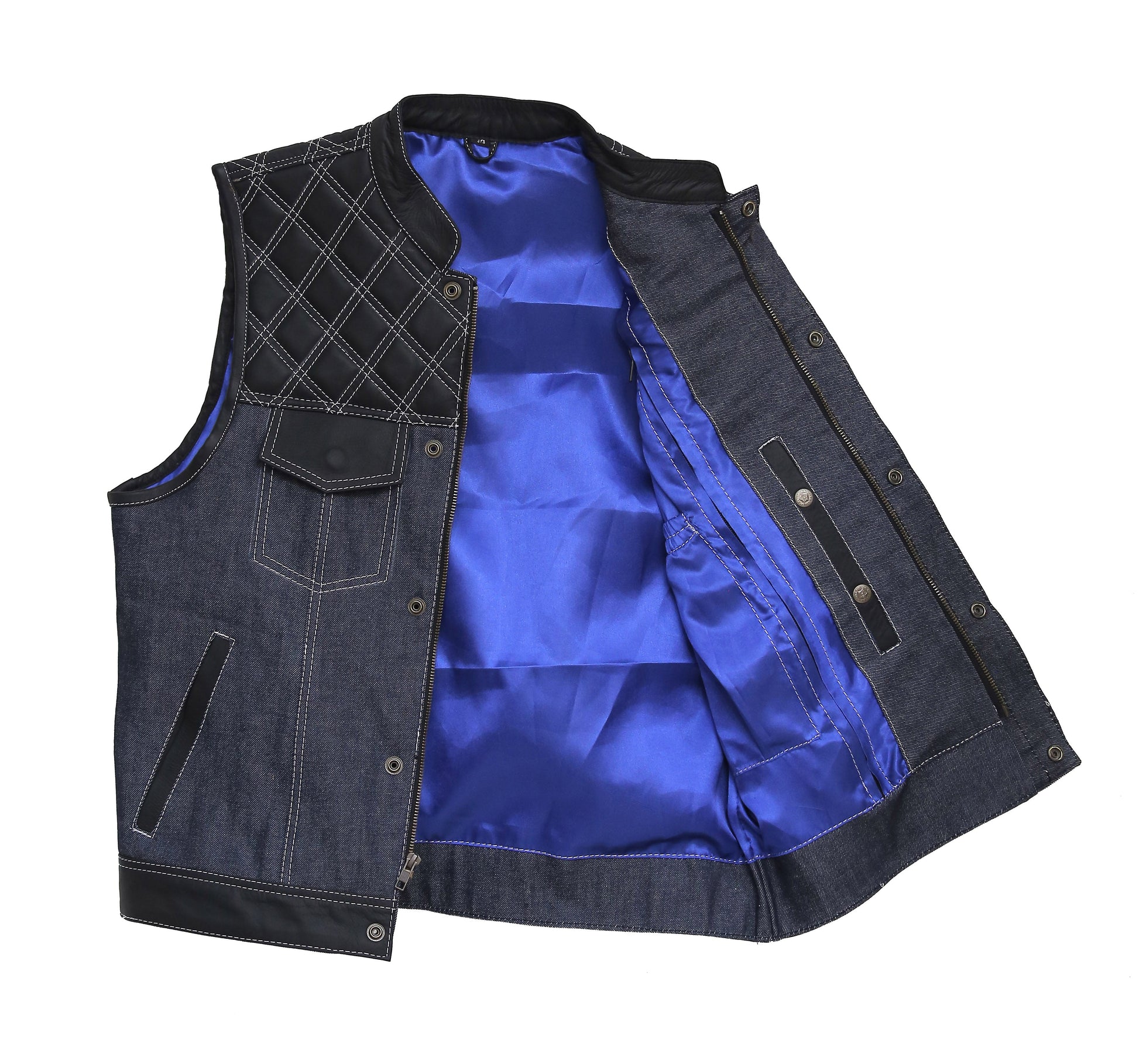 Denim Black Biker Vest With Plain Blue Body Leathers Crafted