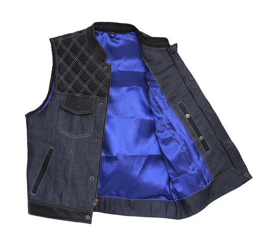 Denim Black Biker Vest With Plain Blue Body Leathers Crafted