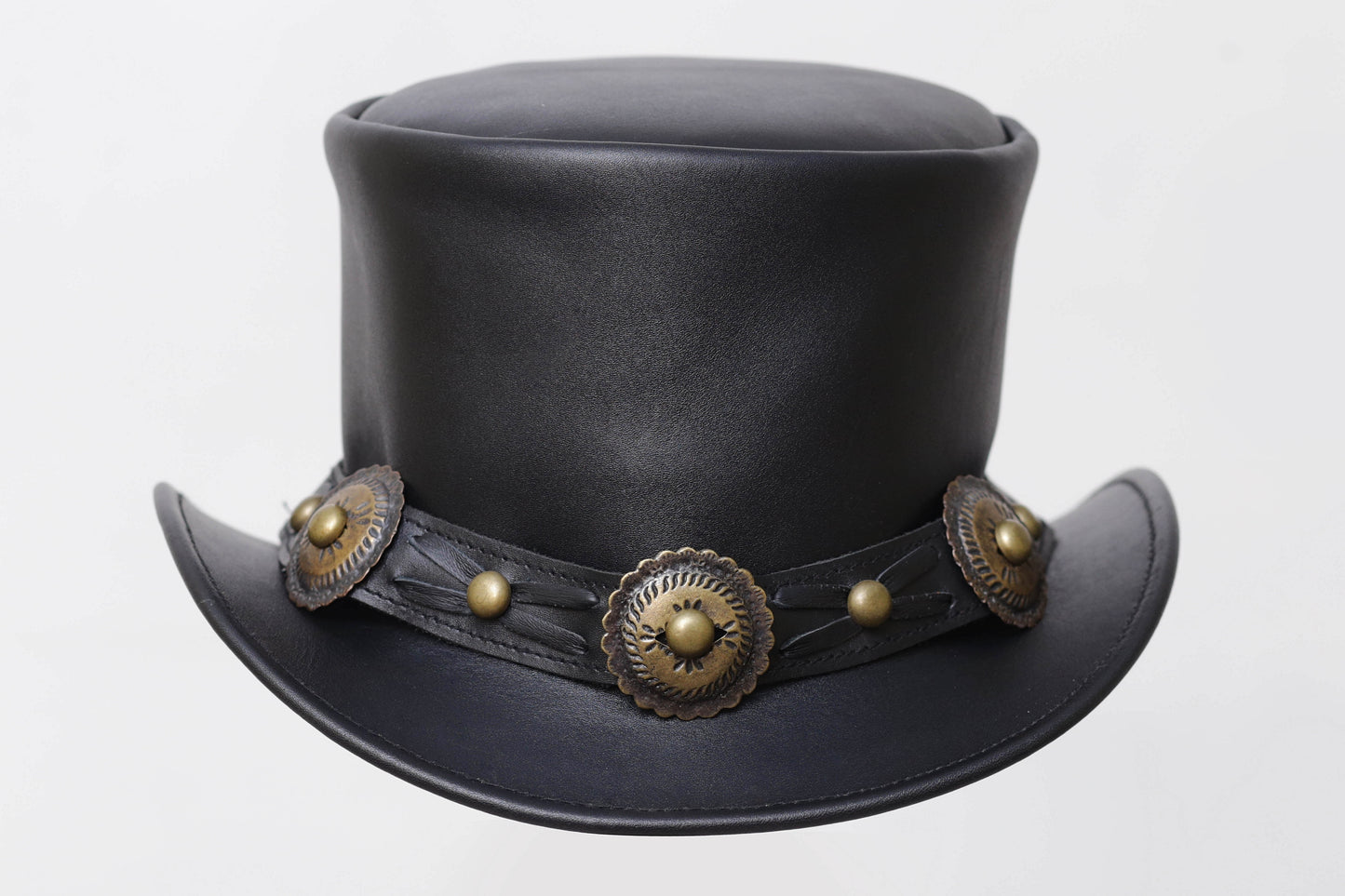 Distressed BLACK Leather Top Hat with Decorative Band Leathers Crafted