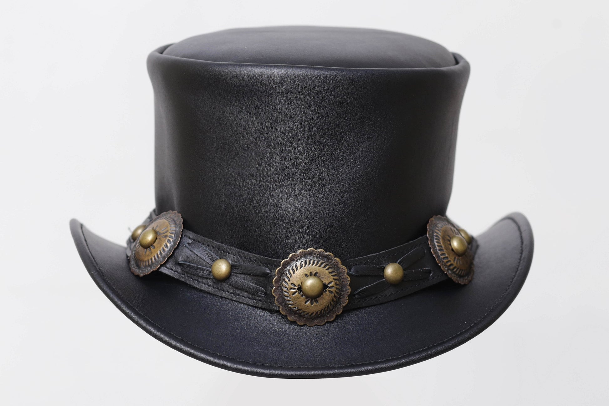 Distressed BLACK Leather Top Hat with Decorative Band Leathers Crafted