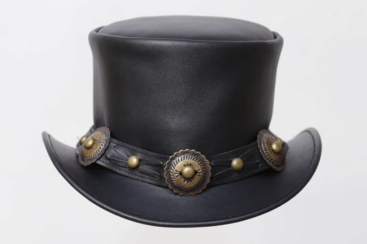 Distressed BLACK Leather Top Hat with Decorative Band Leathers Crafted