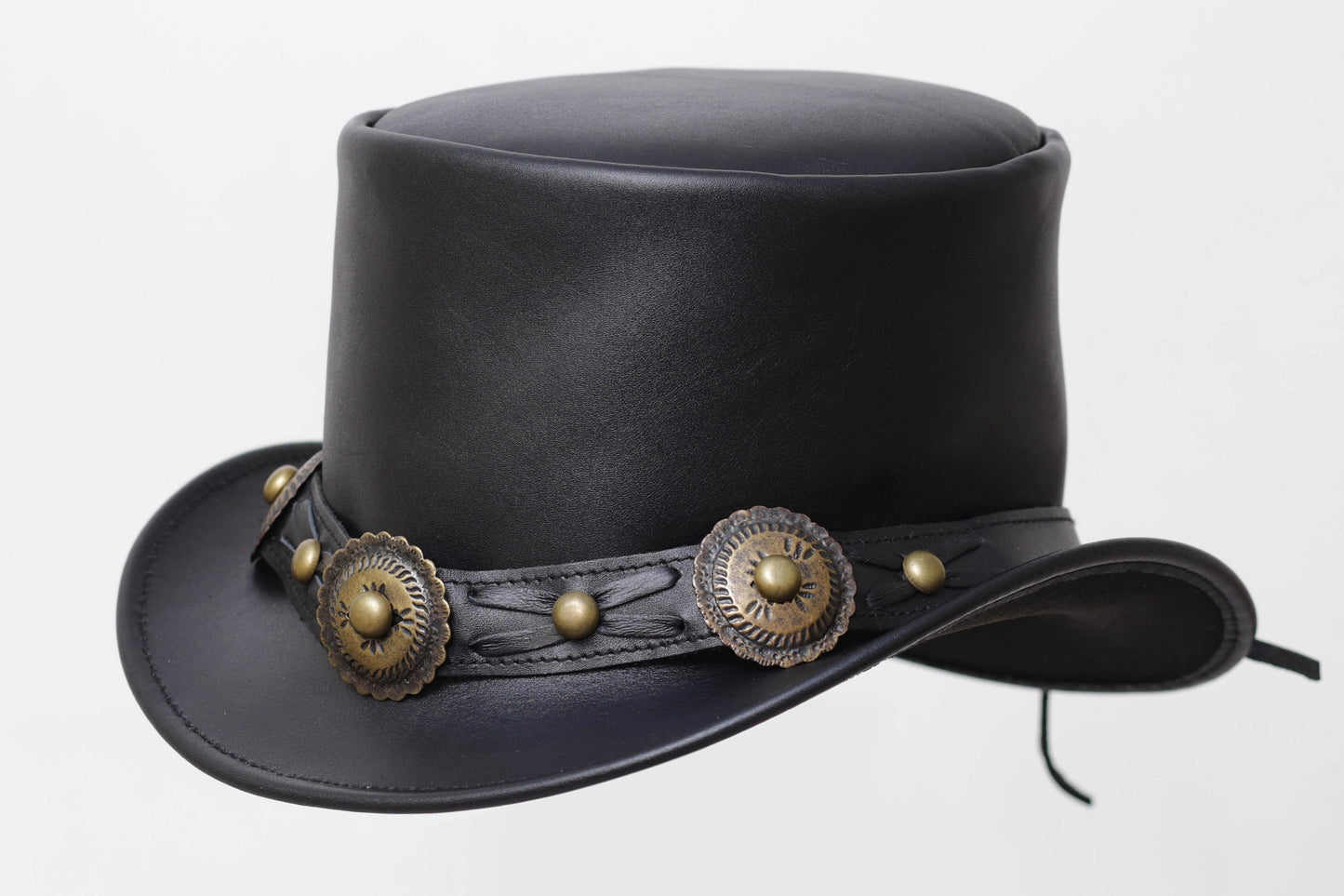 Distressed BLACK Leather Top Hat with Decorative Band Leathers Crafted