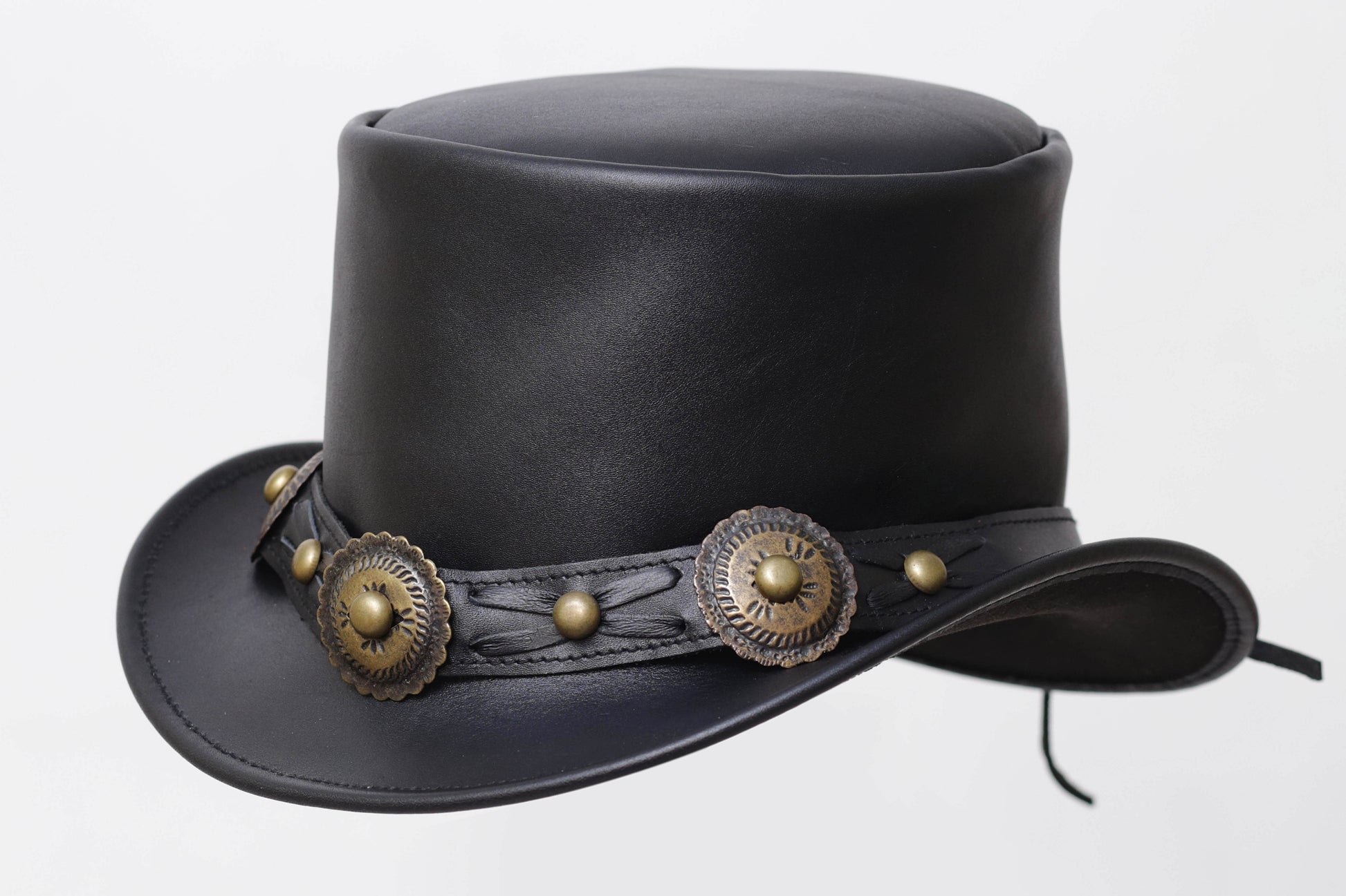 Distressed BLACK Leather Top Hat with Decorative Band Leathers Crafted