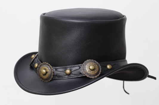Distressed BLACK Leather Top Hat with Decorative Band Leathers Crafted