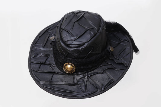 Pork Pie leather Hat With Metal Logo Leathers Crafted