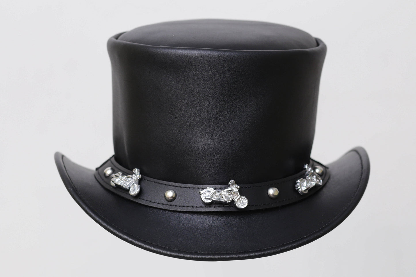 Distressed BLACK Leather Top Hat with Decorative Band Leathers Crafted