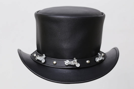 Distressed BLACK Leather Top Hat with Decorative Band Leathers Crafted