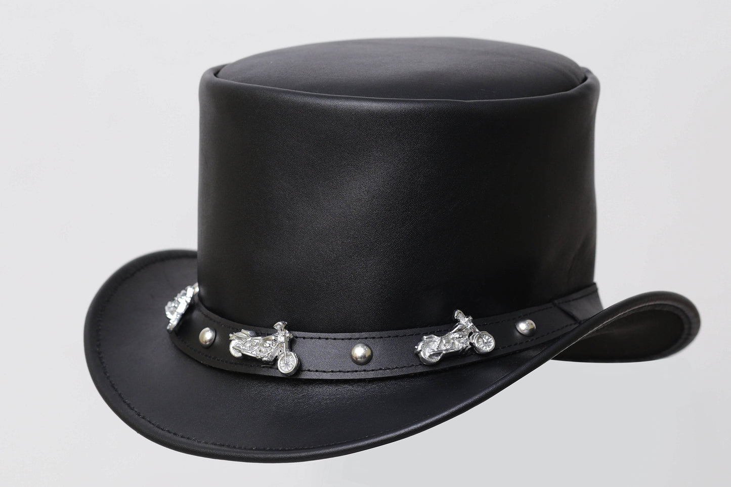 Distressed BLACK Leather Top Hat with Decorative Band Leathers Crafted