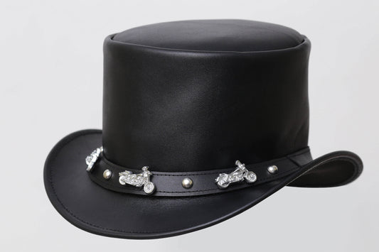 Distressed BLACK Leather Top Hat with Decorative Band Leathers Crafted
