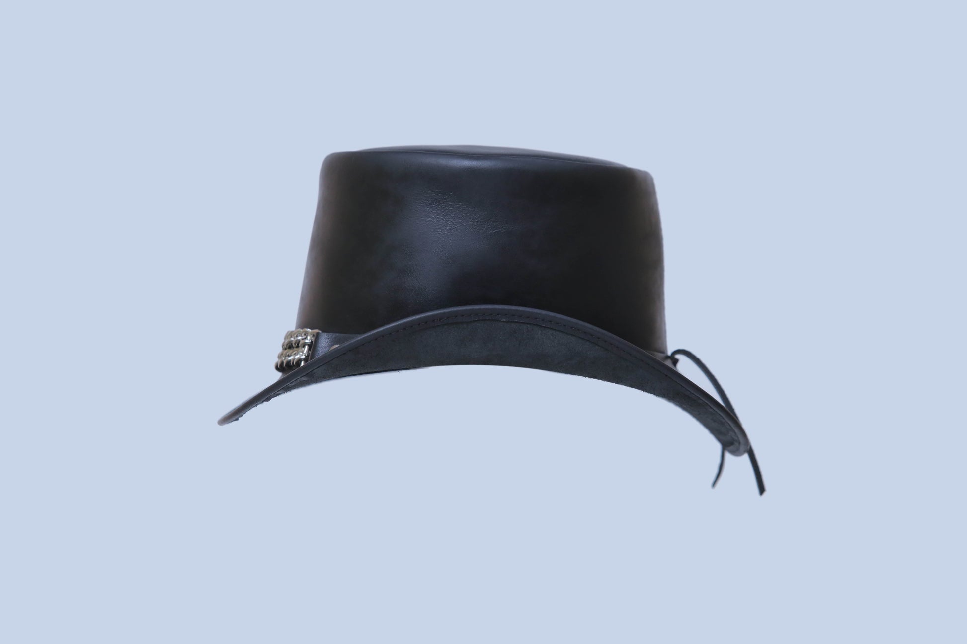 Black Leather Top Hat with Chain Link Accent Leathers Crafted