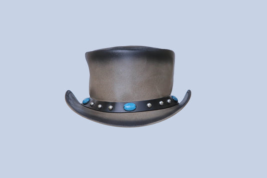 Two Tone Leather Top Hat with Turquoise and Studded Band Leathers Crafted