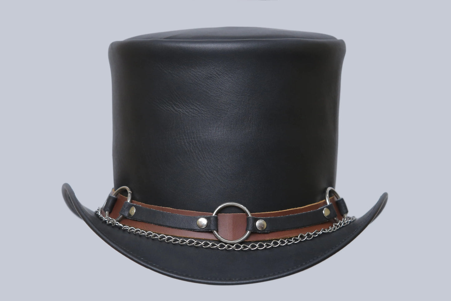"Circle of Cool: Black Leather Hat with Iconic Metal Ring" Leathers Crafted