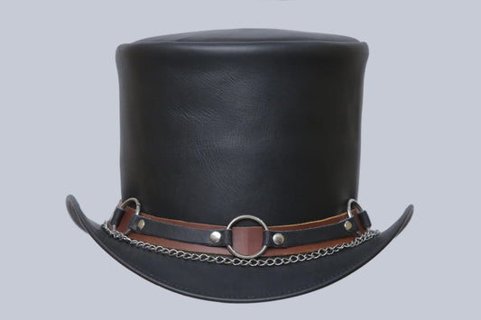 "Circle of Cool: Black Leather Hat with Iconic Metal Ring" Leathers Crafted