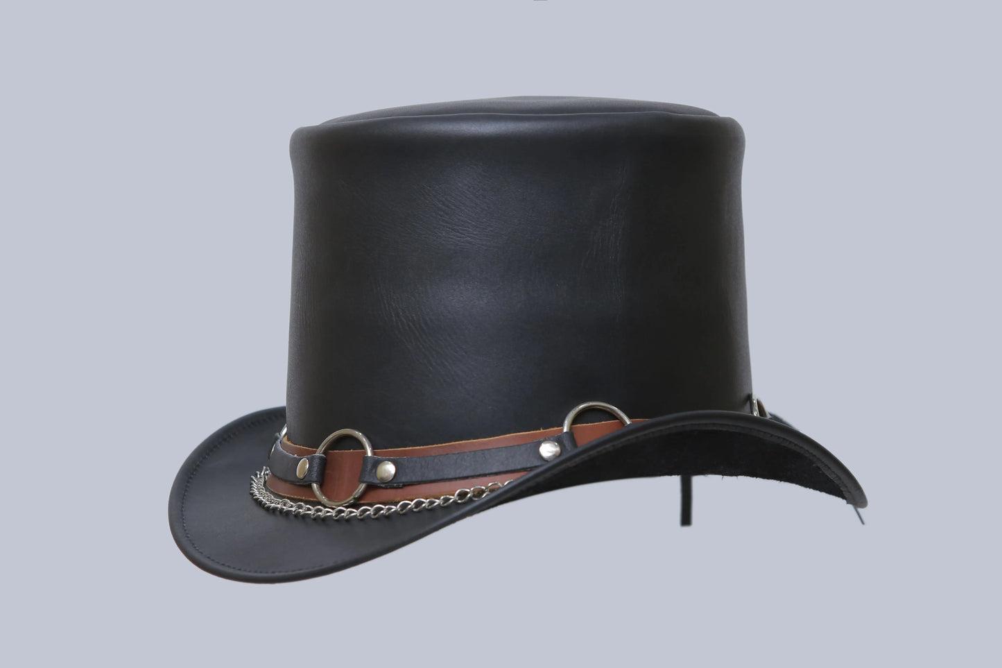 "Circle of Cool: Black Leather Hat with Iconic Metal Ring" Leathers Crafted