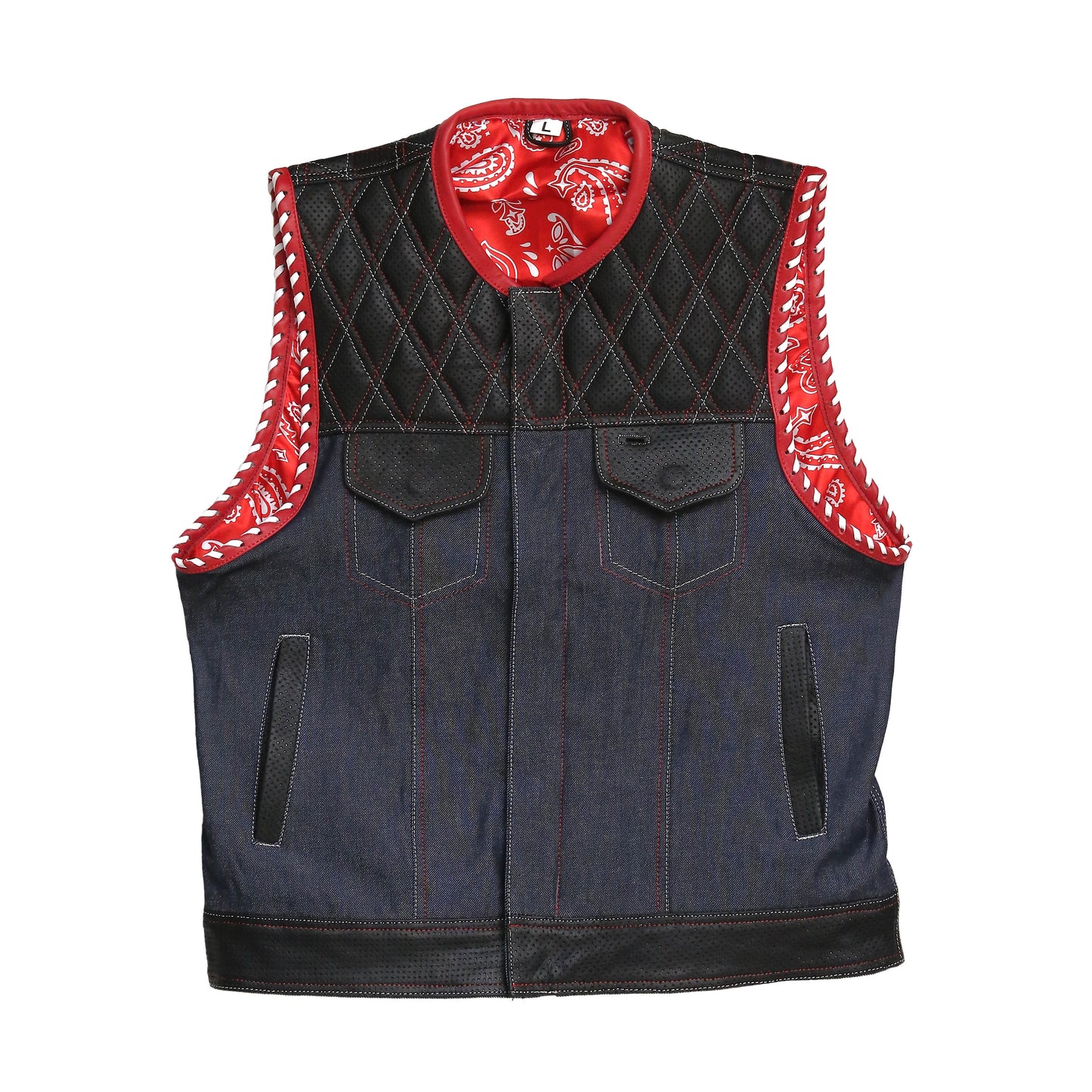 Denim Black And Red Biker Vest Leathers Crafted
