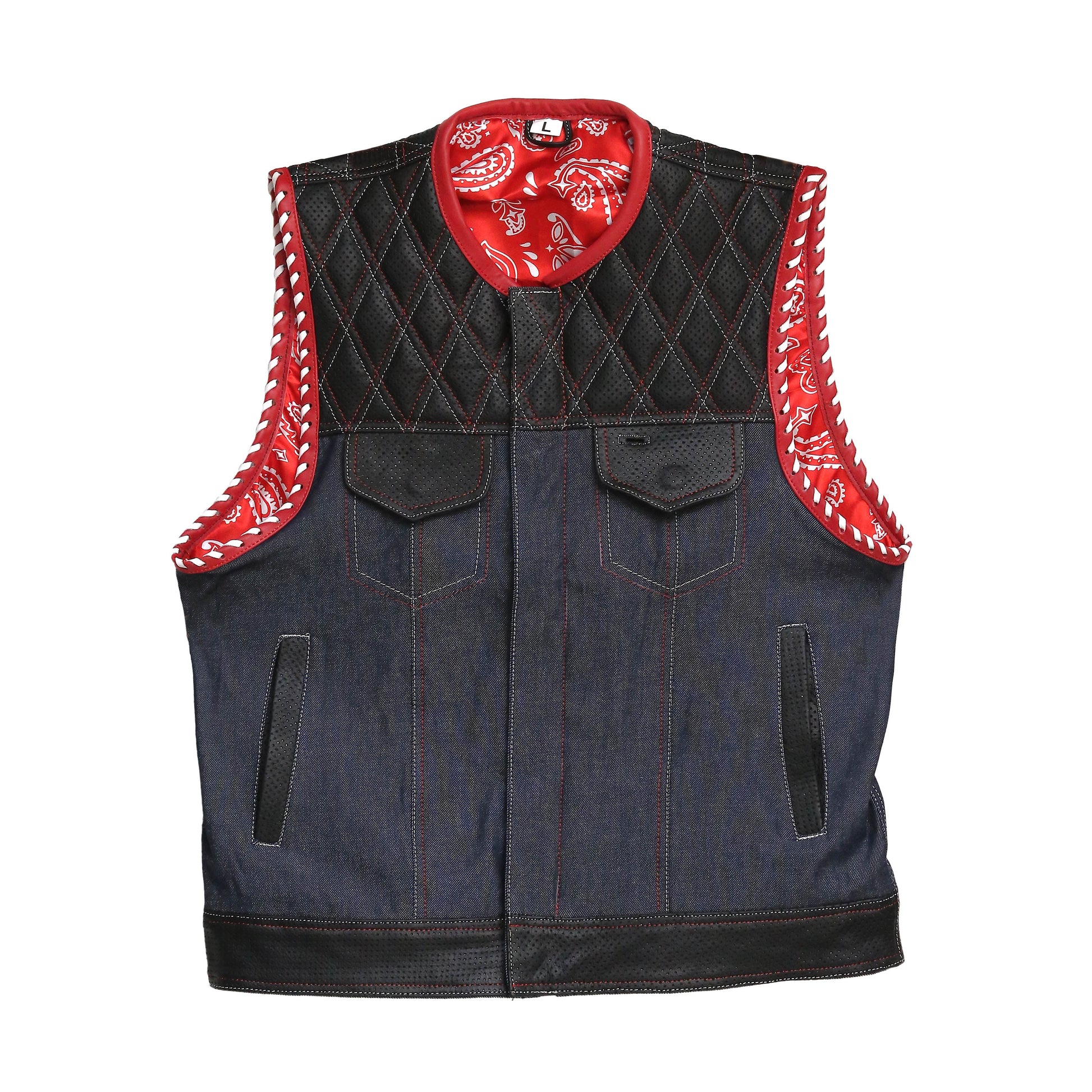 Denim Black And Red Biker Vest Leathers Crafted