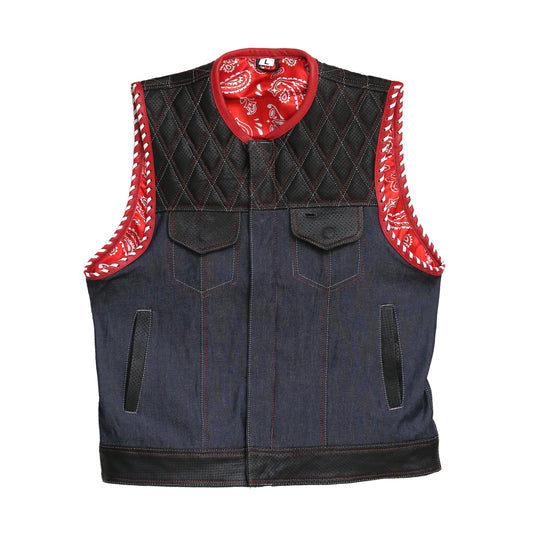 Denim Black And Red Biker Vest Leathers Crafted