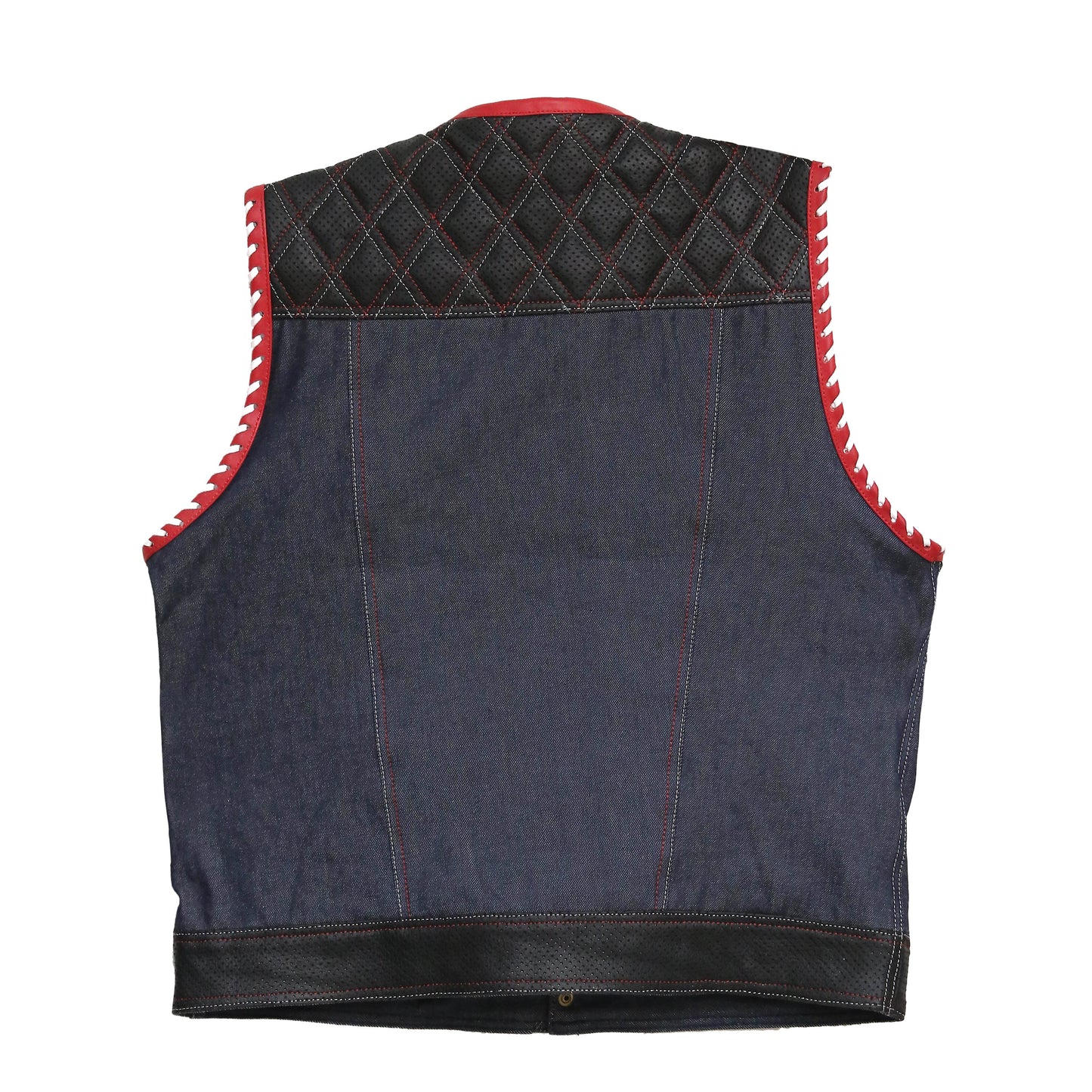 Denim Black And Red Biker Vest Leathers Crafted