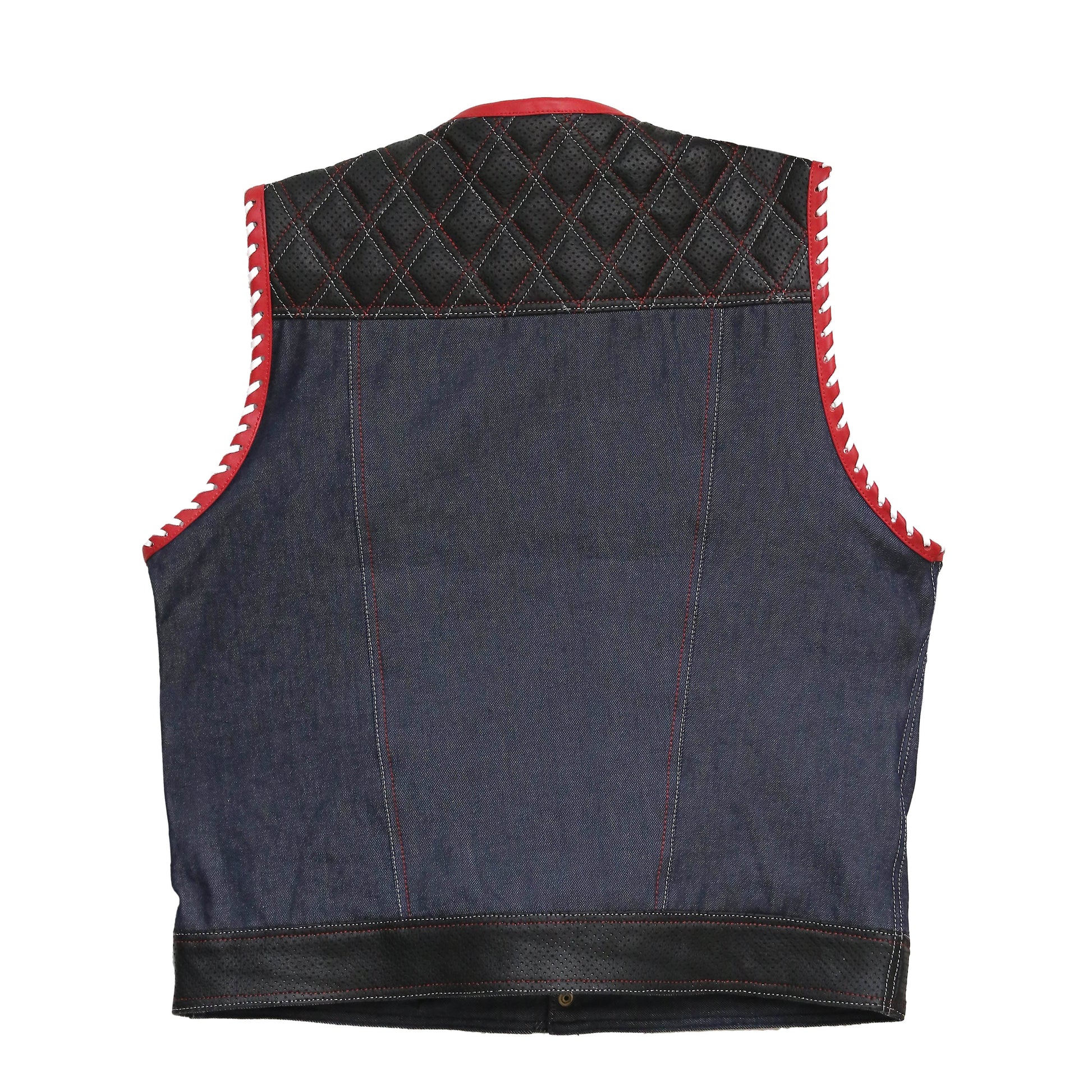 Denim Black And Red Biker Vest Leathers Crafted