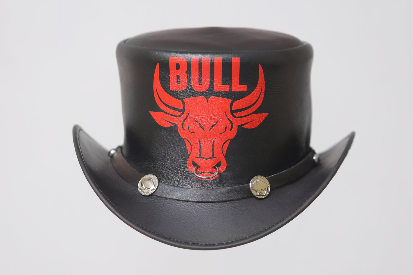 Bull Emblem Black Leather Top Hat Leathers Crafted