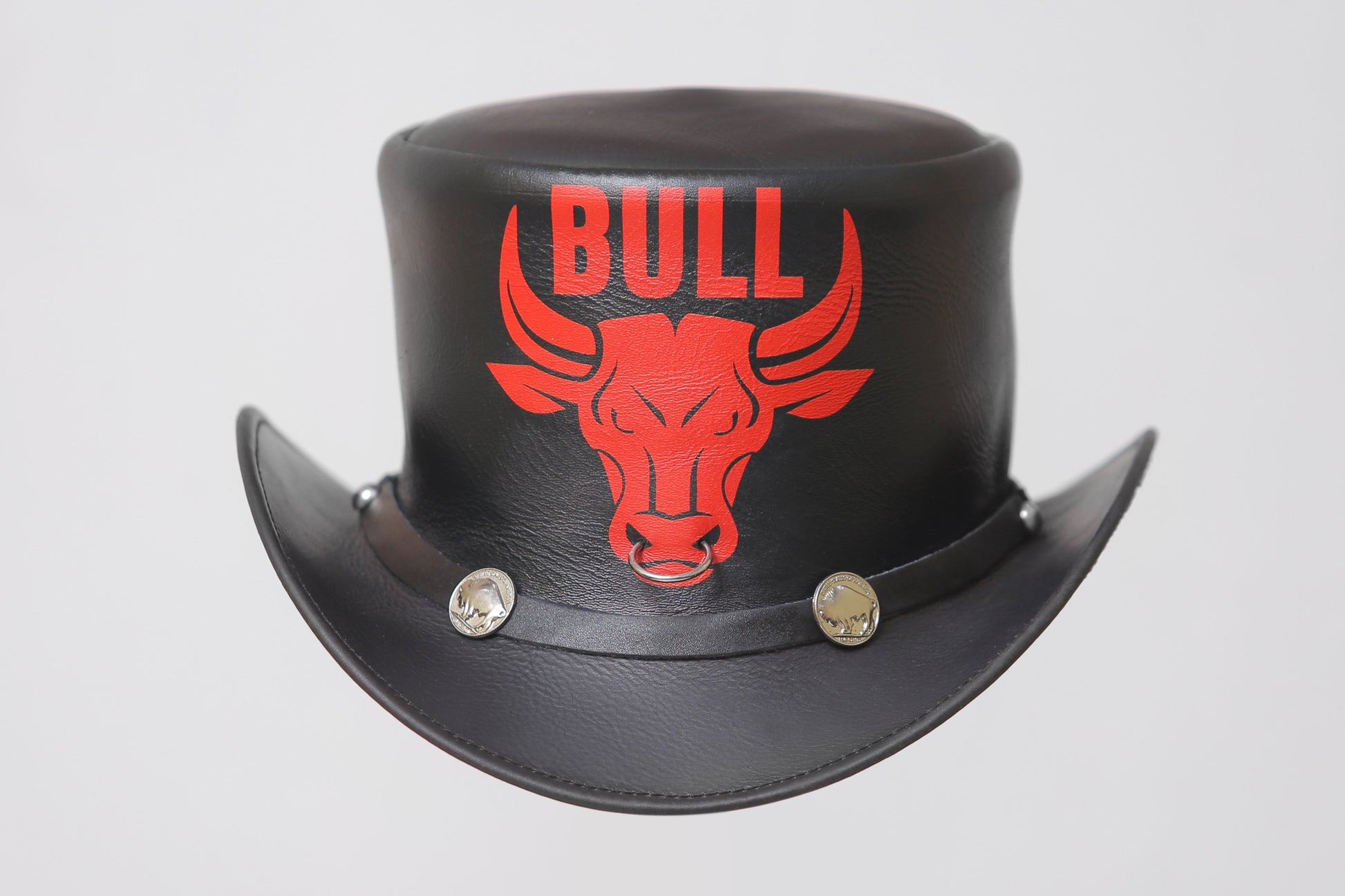 Bull Emblem Black Leather Top Hat Leathers Crafted