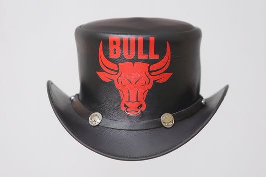 Bull Emblem Black Leather Top Hat Leathers Crafted