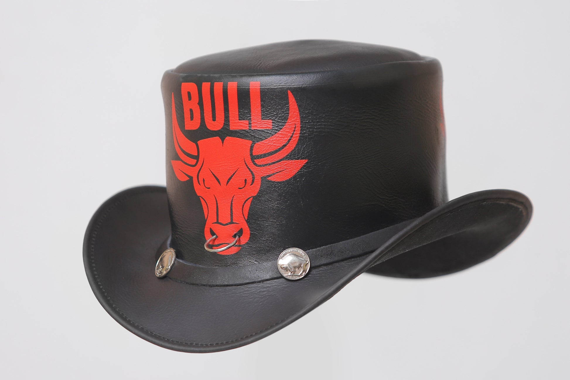 Bull Emblem Black Leather Top Hat Leathers Crafted