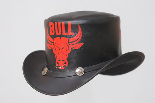 Bull Emblem Black Leather Top Hat Leathers Crafted